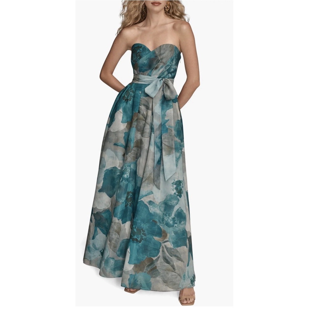 New Donna Karan Floral Strapless Fit & Flare Gown In Green Blue Size 6 $349